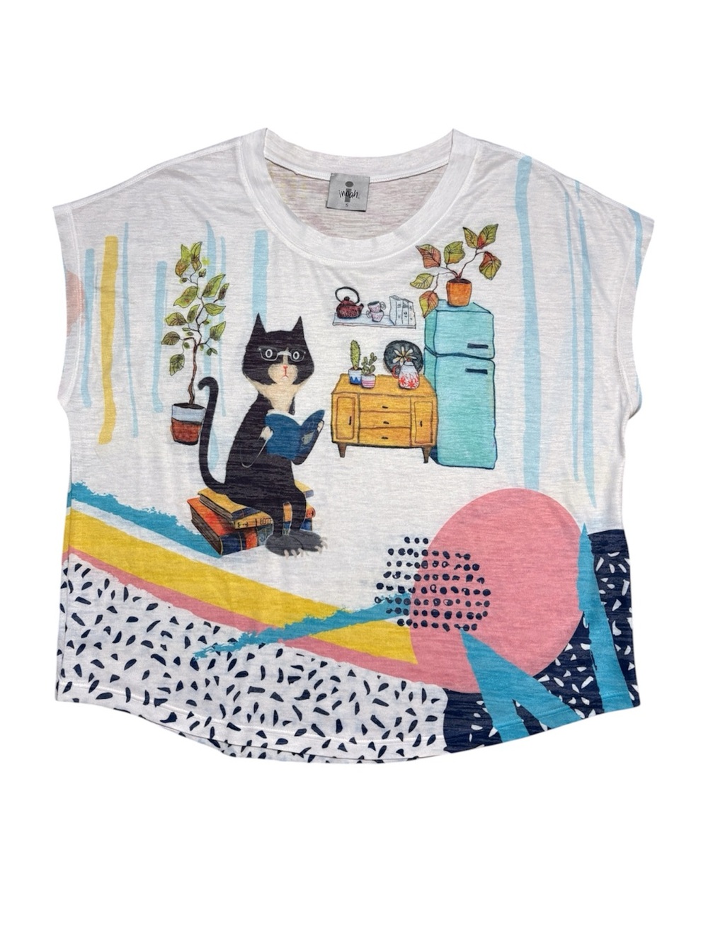 Inoah Cat Reading Book Colorful Shirt Sz S
